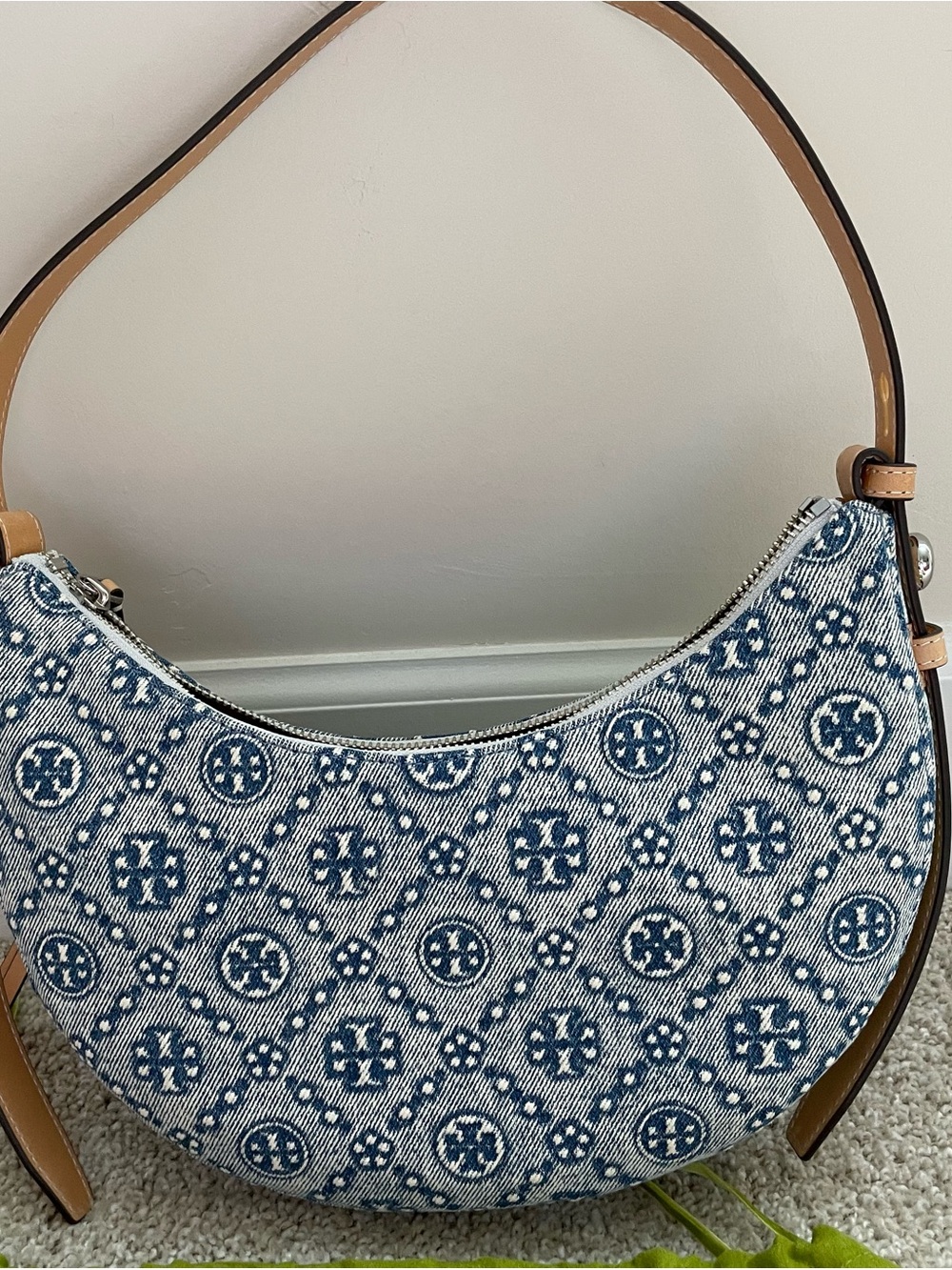 Tory Burch Romy Denim Half Moon Shoulder Bag with ith crossbody strap - Picture 7 of 14